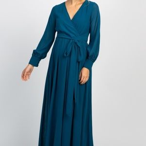 Teal Chiffon Long Sleeve Pleated Maternity Maxi